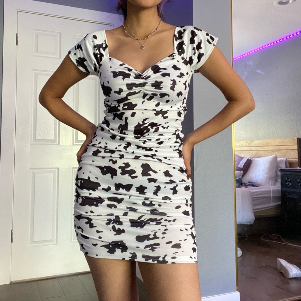 Cow Print Cap Sleeve Ruched Mini Bodycon Dress